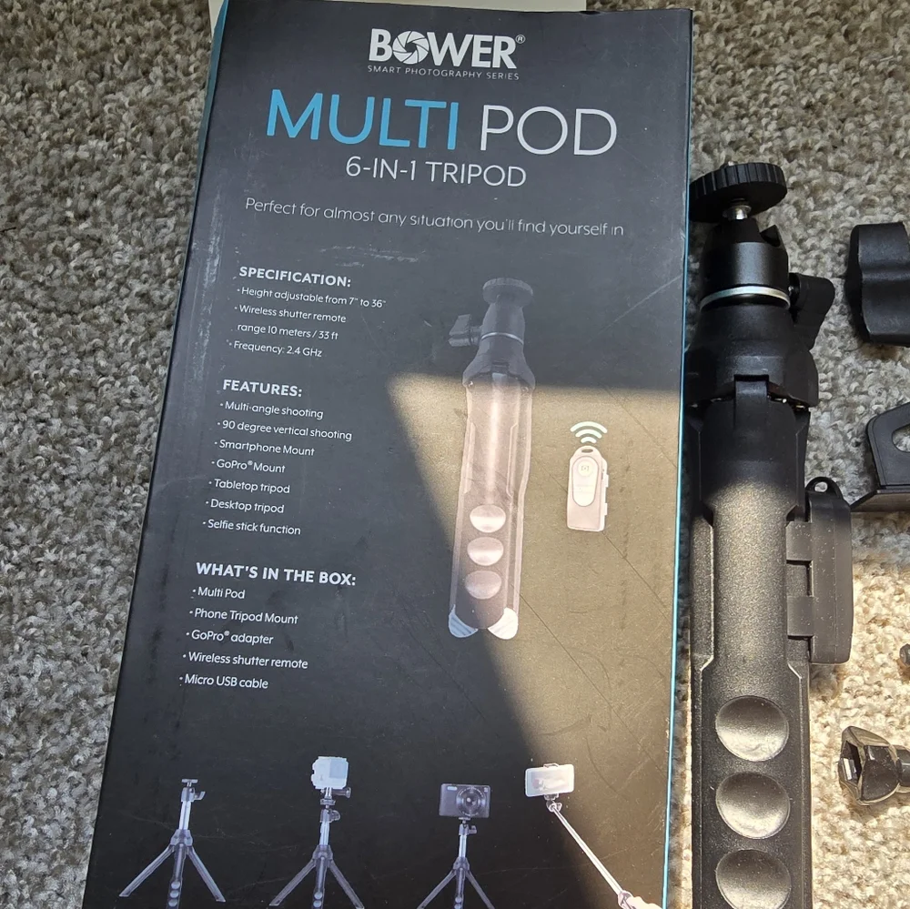 Bower Multi-Pod 6-1.  Black Tripod Selfie Stick with Remote Shutter